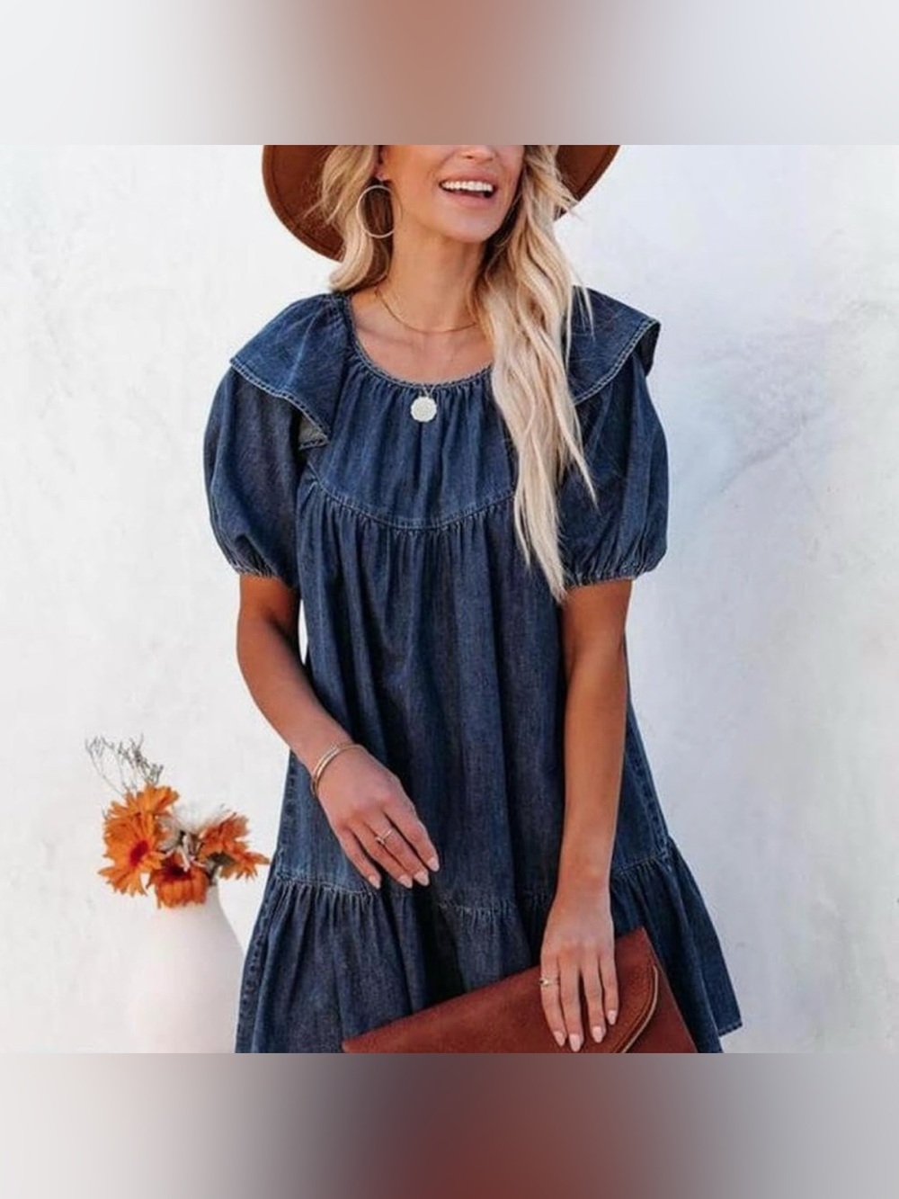 Denim Puff-Sleeve Smocked Yoke Dress - Dark Blue
